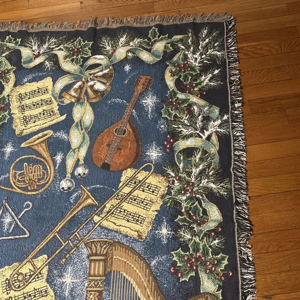 Vintage Crown Crafts VTG 44” X 64” Musical Christmas Needlepoint Fringed Blanket
